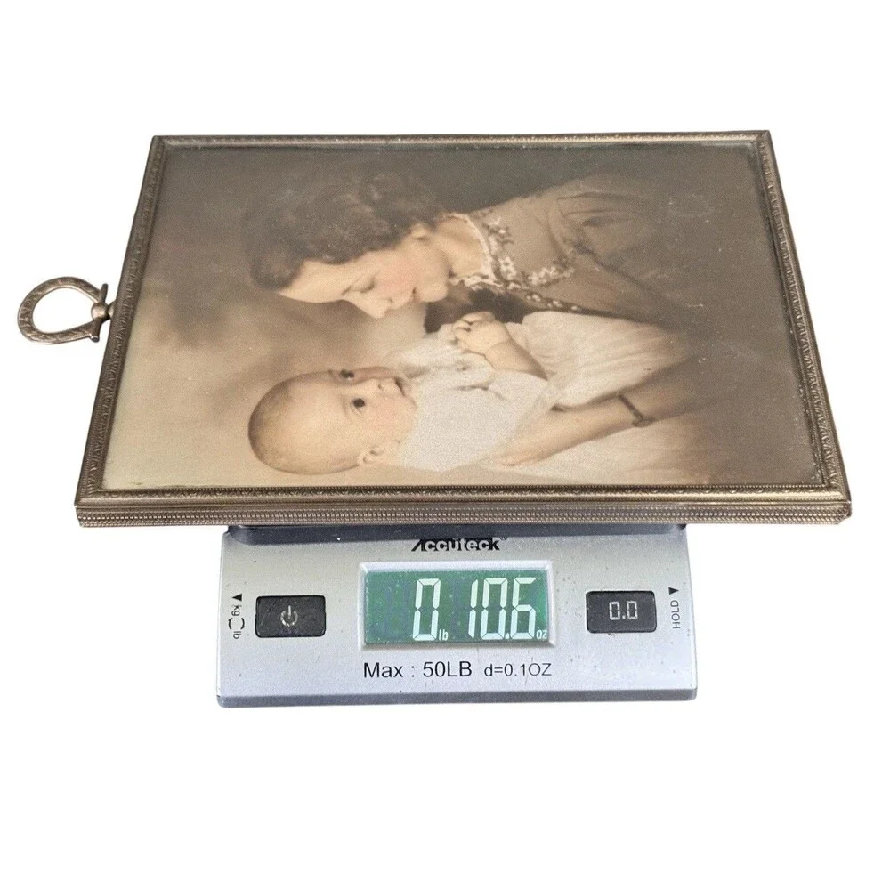 VTG 30s Brass Photo Frame Mother and Child Ornate Embossed Velvet Back Italian